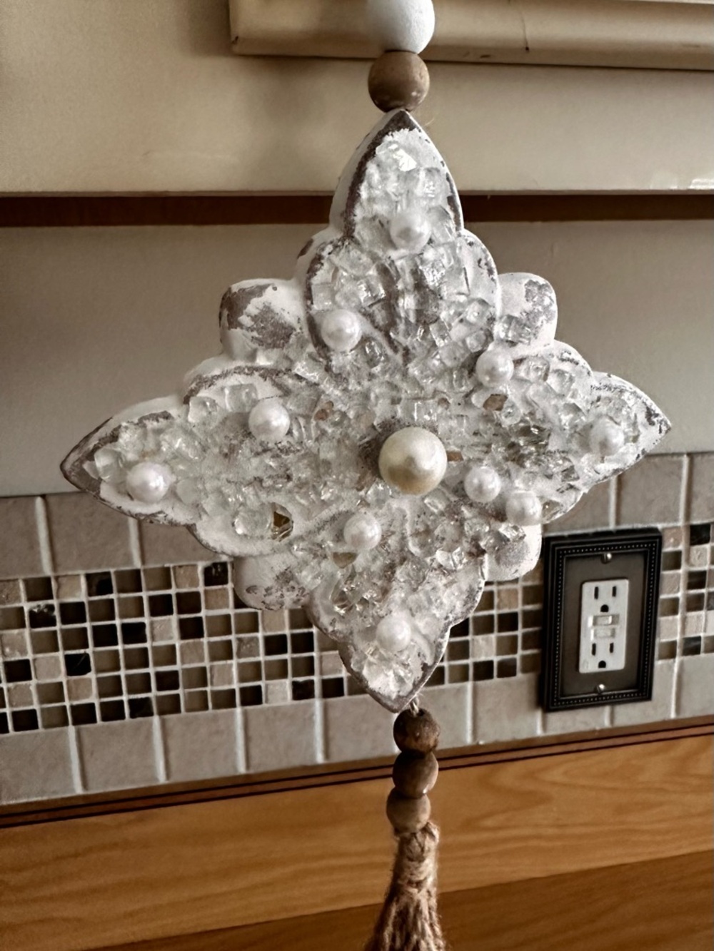 Hand crafted Beaded White Floral hanging Ornament with Tassel - Picture 4 of 11